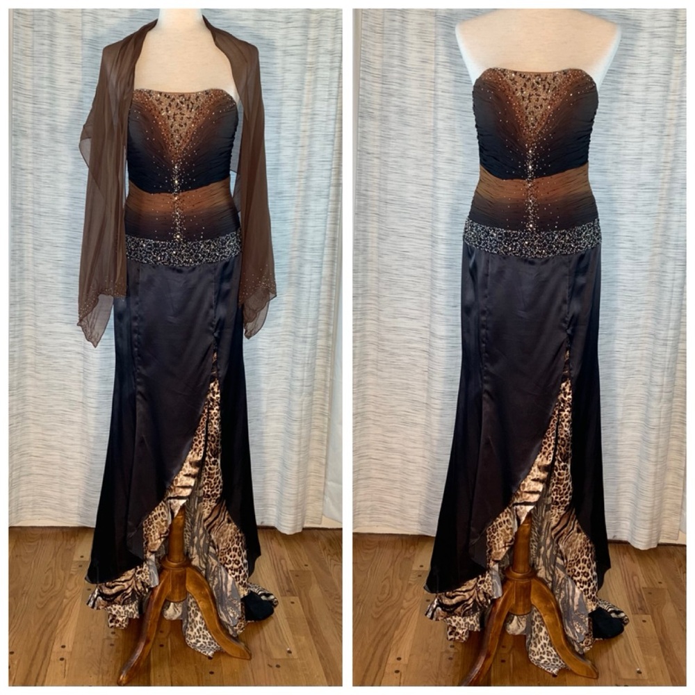 Alyce Designs Black and Brown with Leopard Print Asymmetrical Dress - Picture 3 of 15